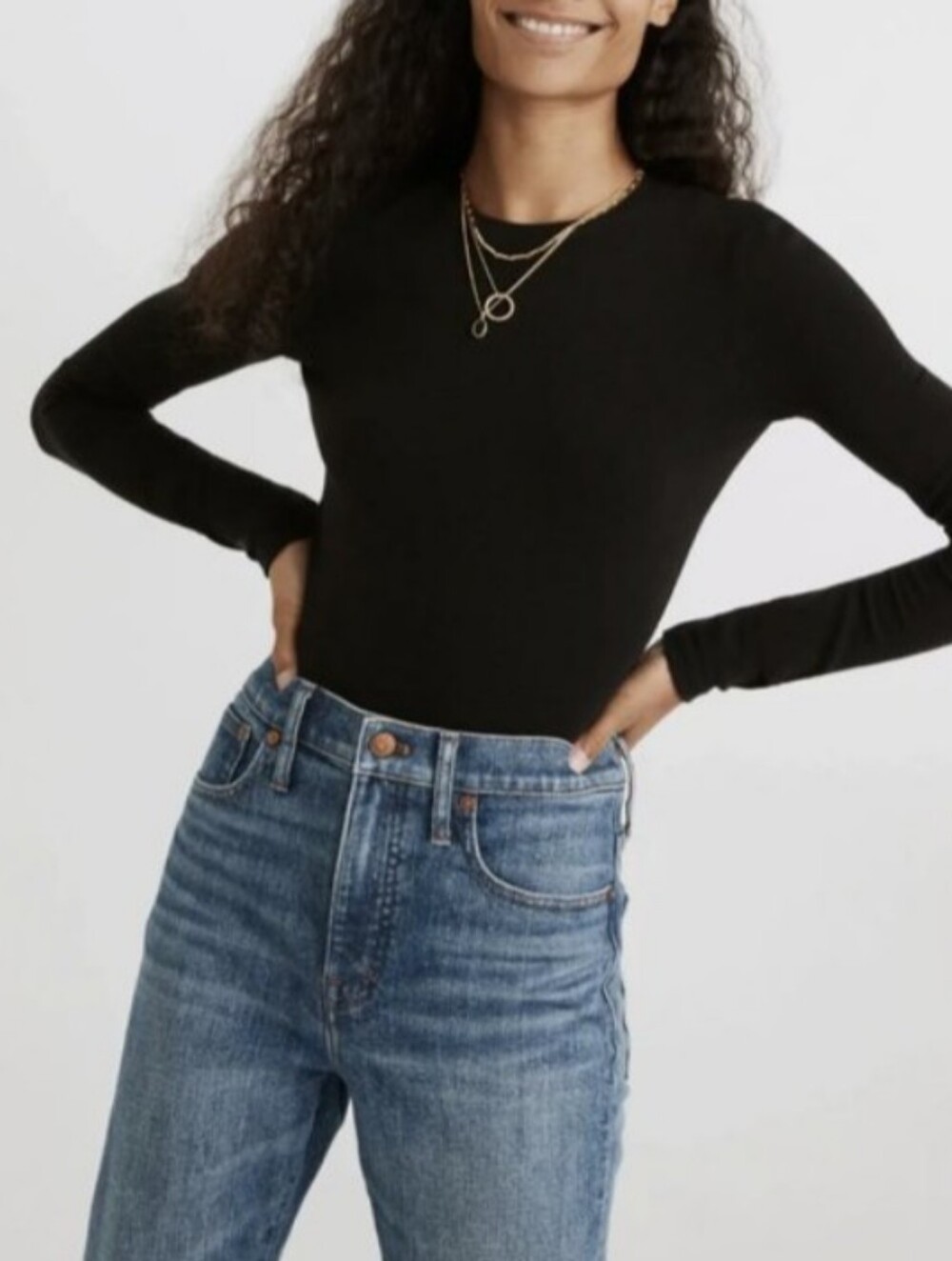 MADEWELL Crewneck Thong Black Long Sleeve Bodysuit | S